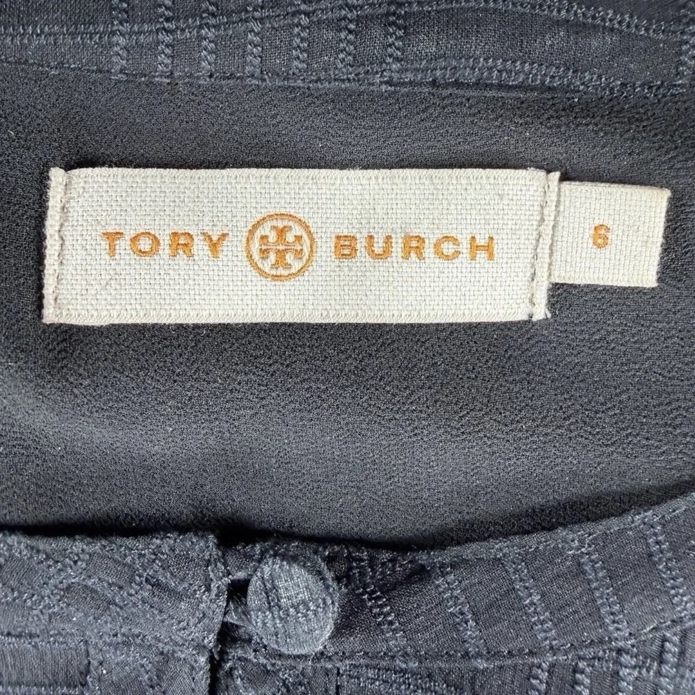 Tory Burch‎ Dress 6 Black Silk Grid Jacquard Tiered Tassel Long Sleeve Mini